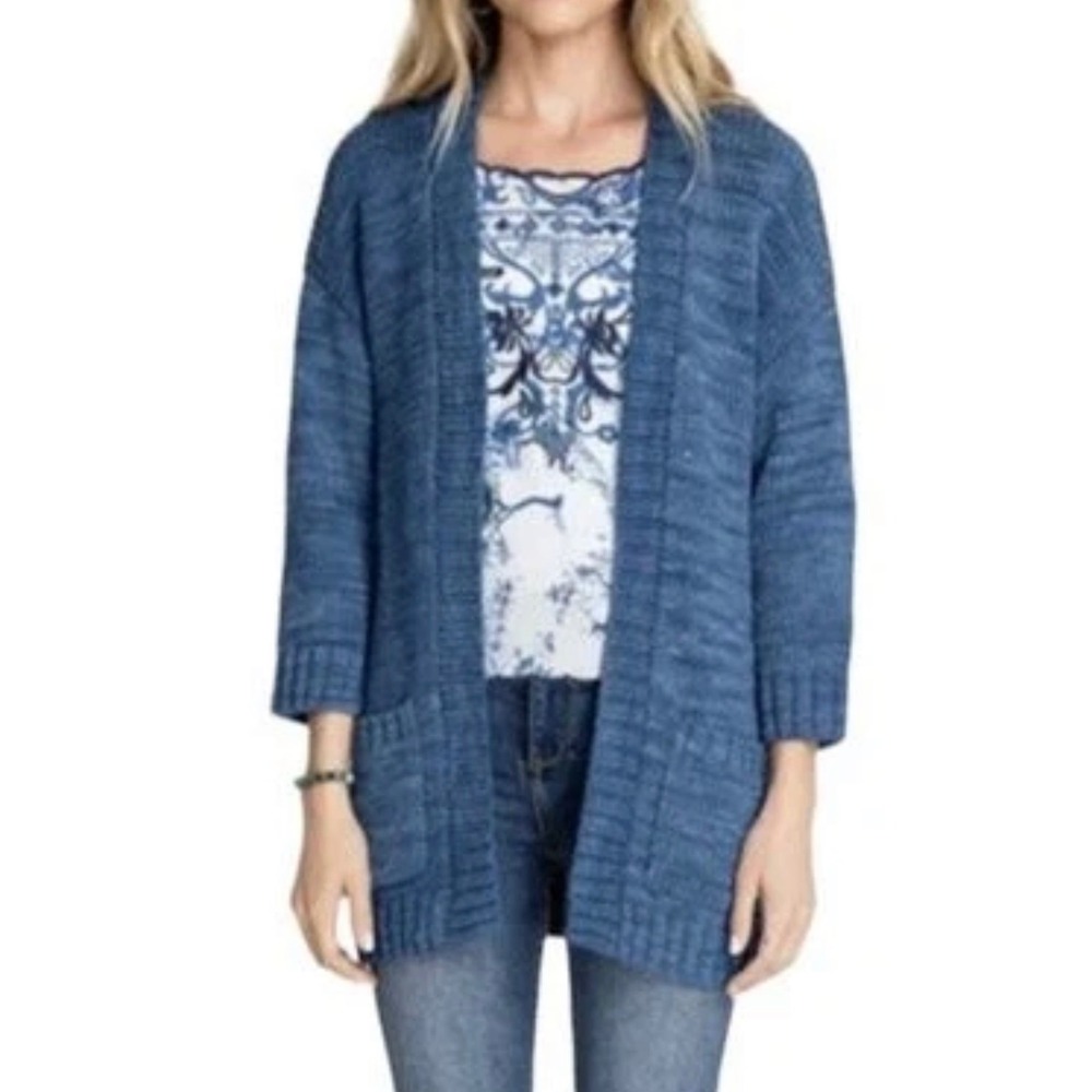 Johnny Was Blue Marled Chunky Knit Cotton Open Front Cardigan Sweater M52220 L - Picture 3 of 9